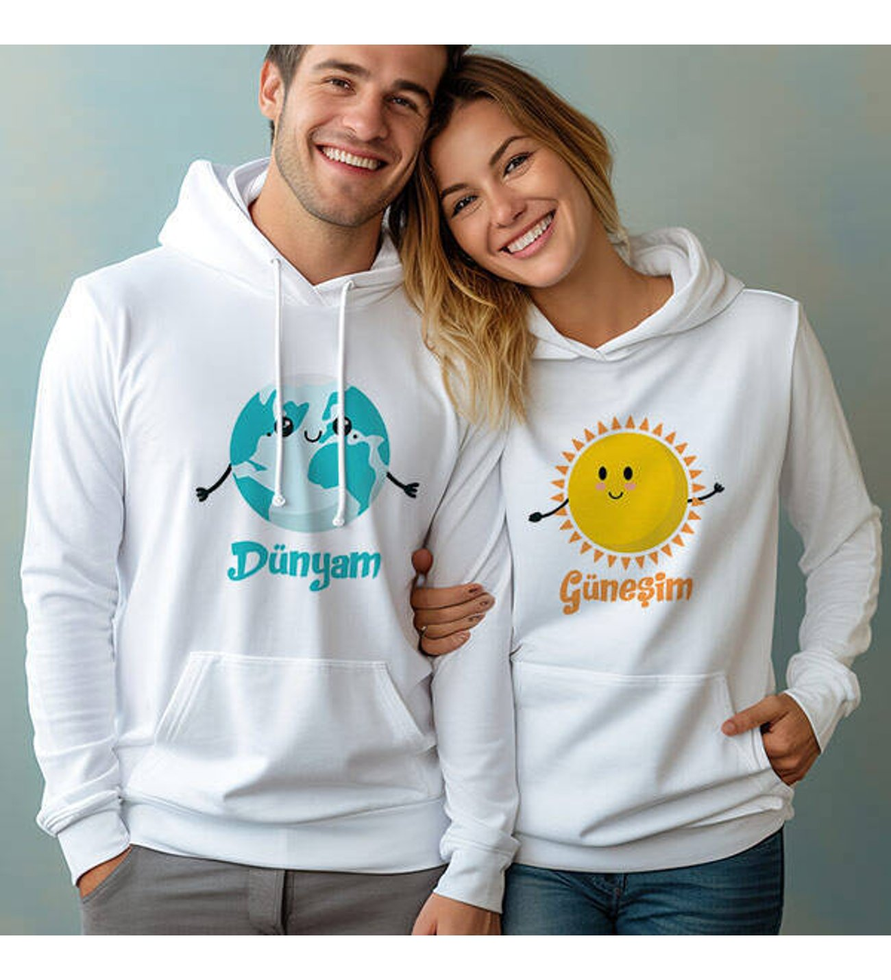 Dünyam ve Güneşim Çiftlere Özel Kapşonlu Sweatshirt